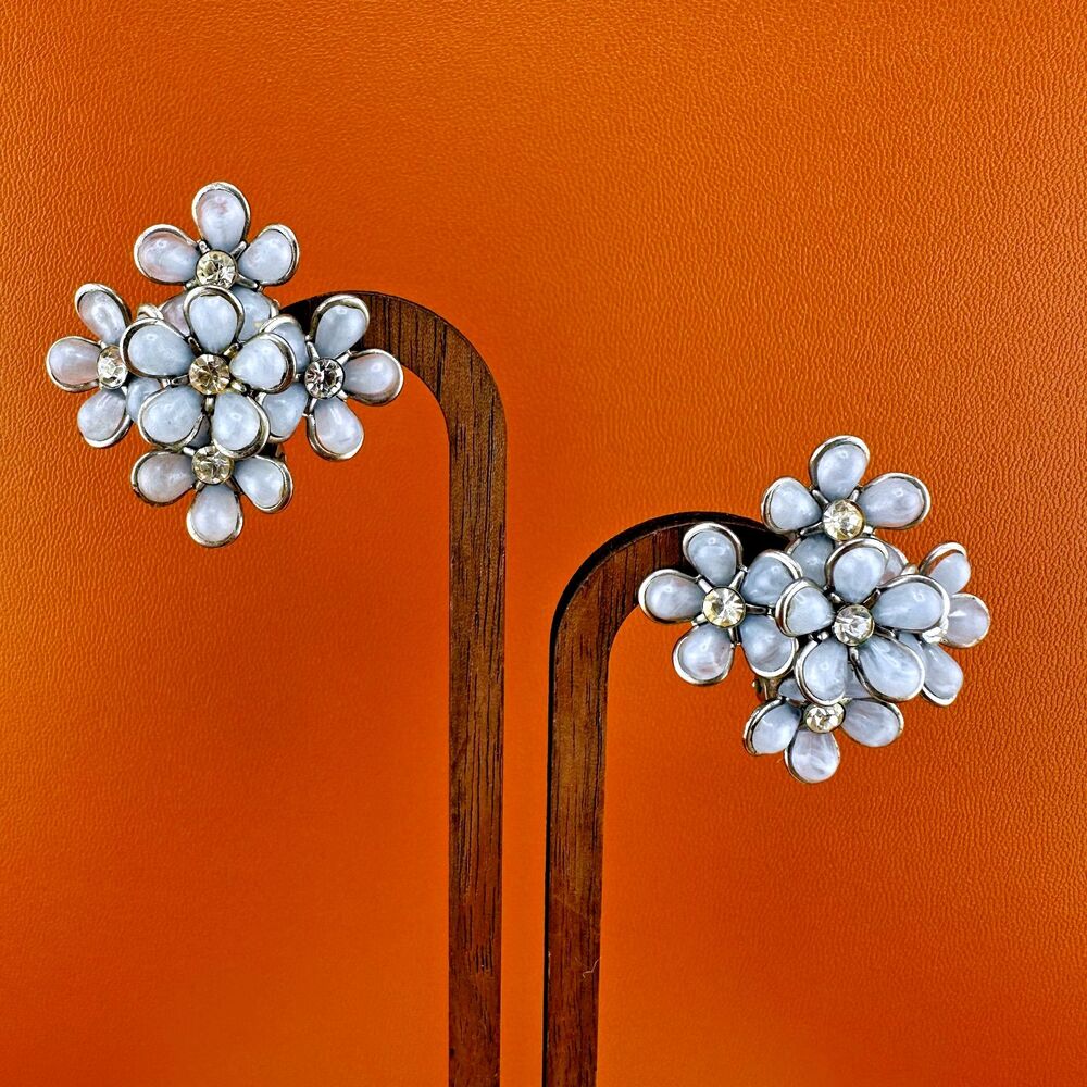 Vintage Coro Rhinestone Flower Earrings Silver Tone Baby Blue Thermoset Petals